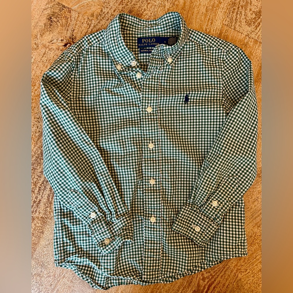 Boys Polo Ralph Lauren Green and White Gingham Button-Down Shirt- Size 5